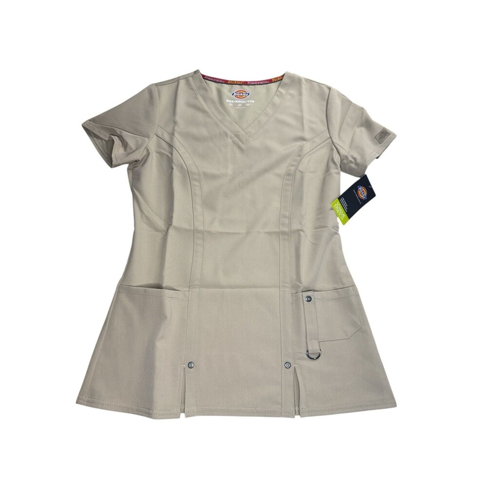 Dickies Xtreme Stretch V-Neck Scrub Top Dark Khaki‎ Stretch XXS Pockets Medical